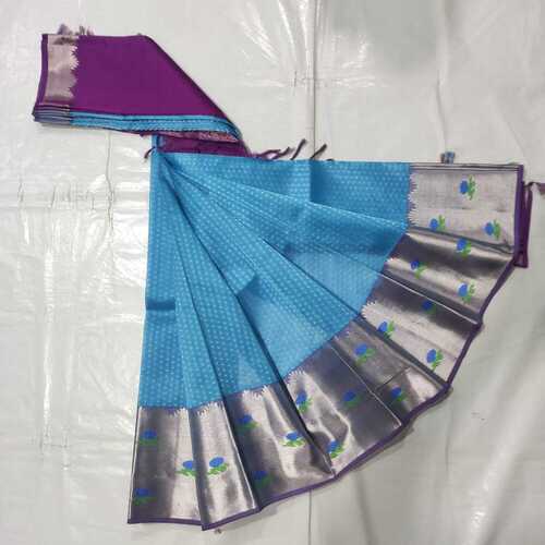 BALA HANDLOOMS - 5.5 m Cotton Silk Blue Saree, Beautiful Dotted Design with Zari Butis, Handmade Rich Pallu and Long Zari Border