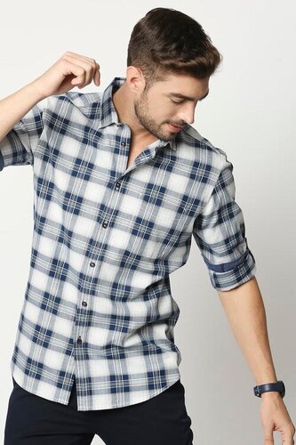 Men's Premium Casual Shirt - Cotton Flannel Plaid, Full Sleeves, Classic Collar, Blue Color, Hand Wash & Dry Clean, Made To Order for Summer