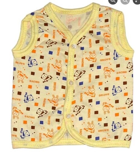 New Born Baby Button Jabla - Hosiery, 3-6 Months , Light Yellow Printed Design, V Neck Collar, Washable
