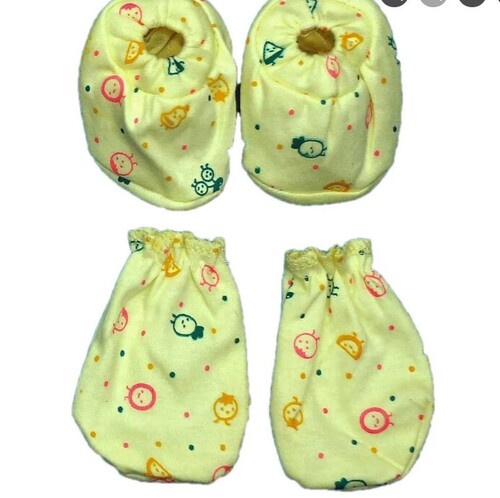 Newborn Baby Cotton Mitten Booties - Cotton Material, Small Size, Yellow Color | Includes Printed Pair of Booties and Mitten Set