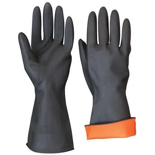 Industrial Rubber Hand Gloves - Flock Lined, 0.67-0.72mm Thickness, 305mm Length, Black Color - Durable for Heavy Duty Work