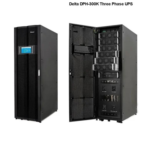 Three Phase UPS - 300 kVA, 380 V Nominal Voltage, 70 Hz Frequency, 10" Color Touch Screen, 600 x 1100 x 2000 mm Size, Eco Mode Efficiency 99%, Black Color, AC Efficiency 96.5%, Power Factor 0.99