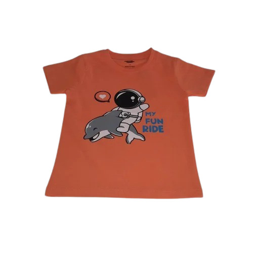 Kids Cotton Printed T-Shirt - Size S, Orange Color, Round Neck, Half Sleeves | Anti-Wrinkle, Breathable, No Fade, Machine Washable, Unisex Style