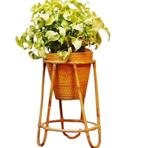 Bamboo Flowers Pot - Wooden, 14x9 inches, Natural Brown Color | Handmade Round Planter Stand with Natural Finishing, 1 Foot Height