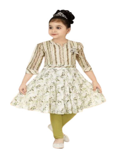 Girls Printed Party Wear Frock - Georgette, 8-10 Years | Anti-Wrinkle, No Fade, Breathable, Washable, Green White, 3/4th Sleeves, V Neck