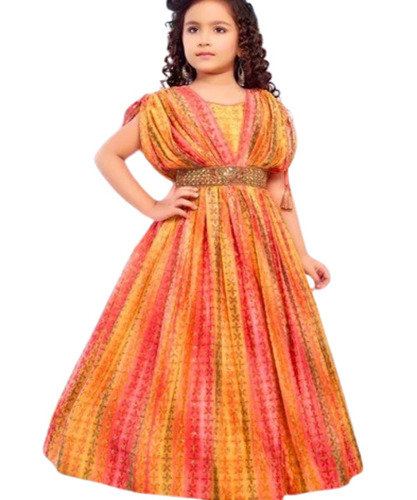 Kids Designer Gown - Chiffon, Multicolor Printed, Sleeveless Style | Anti-Wrinkle, Breathable, Summer Wear for Girls Age 3-5 Years