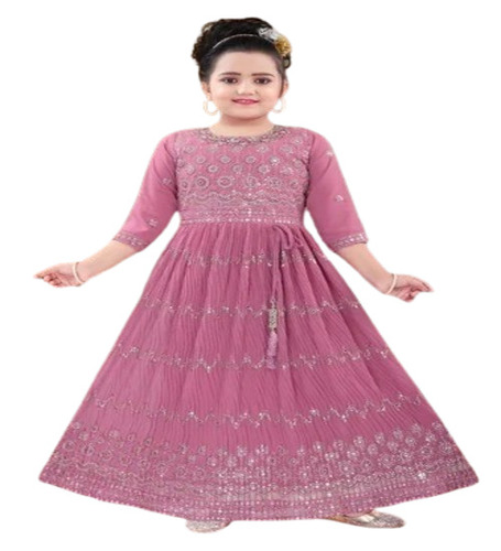 Kids Fancy Gown - Georgette, Pink with Embroidered Design | Anti Wrinkle, Breathable, Modern Style, 3/4th Sleeves, Stone Decoration