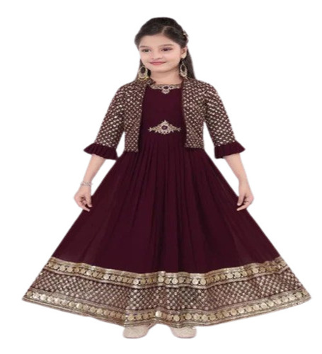 Kids Stylish Gown - Georgette with Embroidery, Purple Color, 3/4th Sleeves, Anti Wrinkle, Breathable, Modern Style, Age 5-7 Years