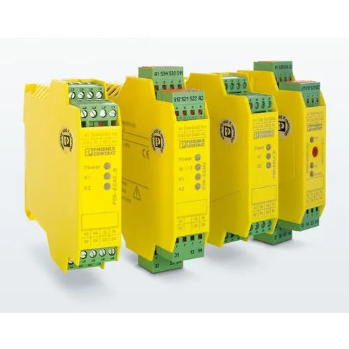 Safety Relay - 3 NO/1 NC, AC Voltage 50 Hz | Heat Proof, Industrial Use, Yellow & Green Color, 1 Year Warranty