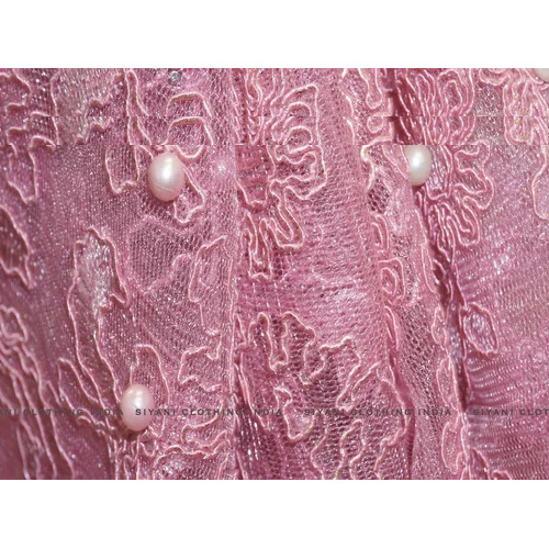 Pink Pearl And Floral Thread Embroidered Net Fabric at INR