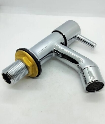 Brass Bib Cock - Short Body Design, Rust Proof Silver Finish | Modern Deck Mount Bathroom Fitting