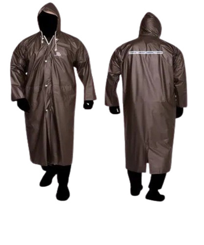 Unisex Long PVC Raincoat - XL Size, Waterproof Brown Full Sleeves, Plain Design