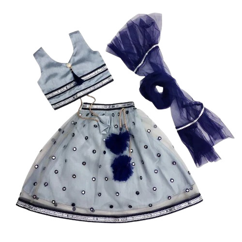 Fancy Kids Lehenga Choli - Grey Embroidered Net, Sleeveless Round Collar, Breathable, Anti-Wrinkle, Party Wear for Girls, 1 to 8 Years