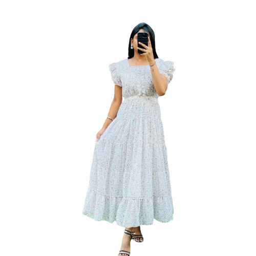 Georgette Dress for Girls - Georgette Material, Plain Pattern, Ivory White Color | Versatile for All Seasons: Autumn, Spring, Summer, Winter