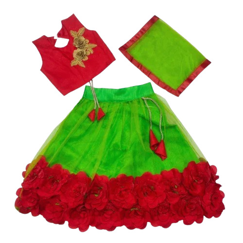 Kids Parrot Green Lehenga Choli - Net Fabric, Sleeveless Style | Anti-Wrinkle, Breathable, Embroidered Design, Perfect for Summer Party Wear