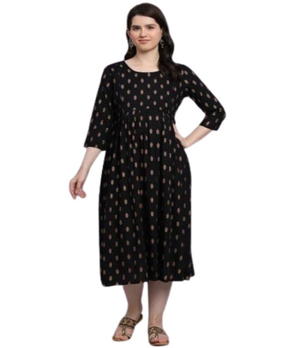 Black Cotton Printed Kurti - Medium Size, 3/4 Sleeve Design | Comfortable, Breathable, Quick-Dry Fabric, Trendy Casual Summer Wear