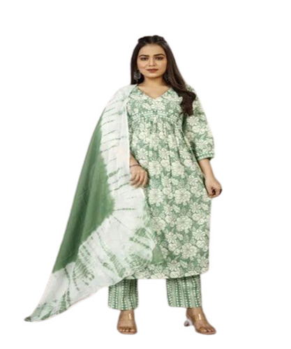 Cotton Kurti Pant Set - M Size, Green Color | Traditional Printed Design, Machine Wash, Breathable, Quick Dry, 3-4th Sleeve, Ideal for Party Wear