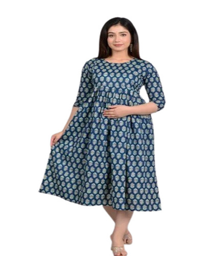 Fancy Printed Feeding Kurti - Cotton, Size M, Blue | Comfortable, Soft, Breathable, Quick Dry, 3-4th Sleeve, Trendy Casual Wear for Summer