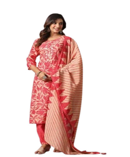 Fancy Kurti Pant Set - Muslin Fabric, Size M, Pink Color | Breathable, Quick Dry, No Fade, 3-4th Sleeve, Traditional Party Wear