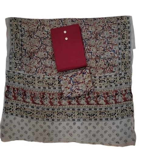 Cotton Print Casual Dress Material - 44 Inch Width, Gray Maroon, Kalamkari Print, Unstitched Set, Machine Wash