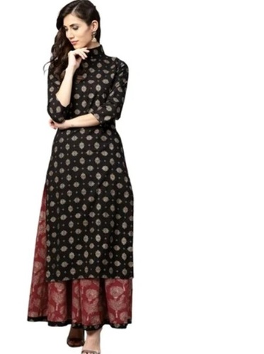 Ladies Casual Wear Skirt Suits - Rayon Fabric, Straight Suit Style, Black & Maroon Printed, Party Wear Set Of 1 Skirt & 1 Suit | Features: All Sizes Available, Ladies Skirt Suit