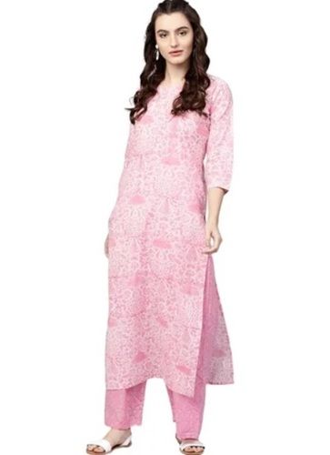 Ladies Printed Rayon Suit - Straight Pant, Small Size in Pink | Breathable Fabric, 3/4th Sleeve Style