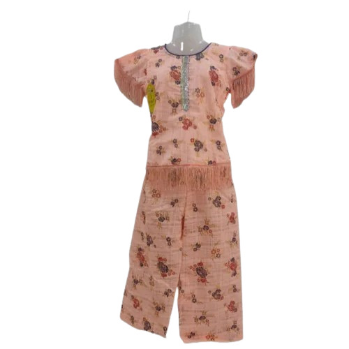 Girls Regular Wear Dress - Cotton, 6-8 Years, Peach Color, Round Neck, Short Sleeves | Features: Anti Wrinkle, Breathable, Quick Dry, Washable, Modern Printed Design