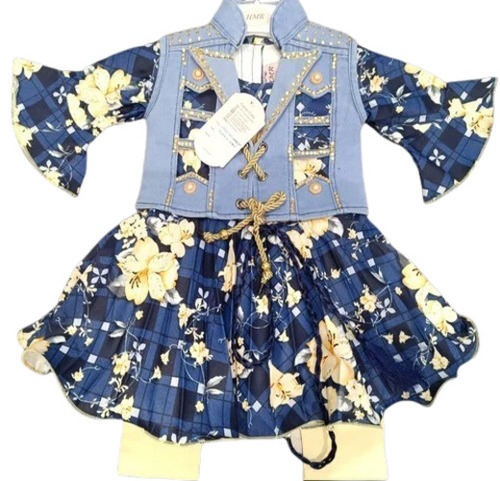 Girls Satin Frock Set - Comfortable Blue Party Wear with Short Sleeves, Anti-Wrinkle, Breathable, No Fade