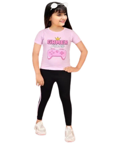 Kids Girls Cotton T-Shirt and Leggings Set - Size M, Pink and Black | Anti-Wrinkle, Breathable, Printed Modern Style, Short Sleeves