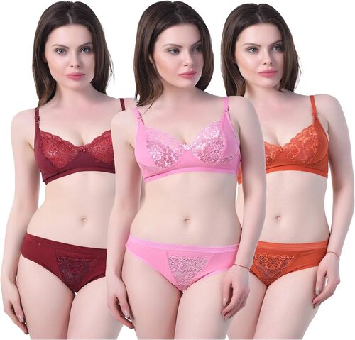 Bra Panty Sets - Cotton Blend, All Sizes | Soft Embroidered Bikinis, Adjustable & Seamless Options, Multiple Colors & Patterns