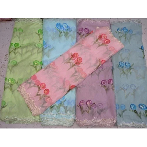 Brush Print Organza Fabric With Embroidery