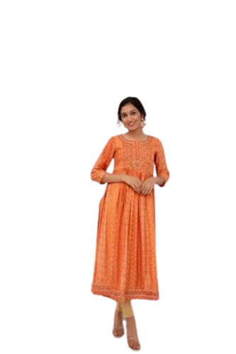 Ladies Kurti - Cotton, Size M/L/S/XL, Orange Color | Light Weight, Breathable, 3-4th Sleeve, Casual Modern Style, 100% Washable