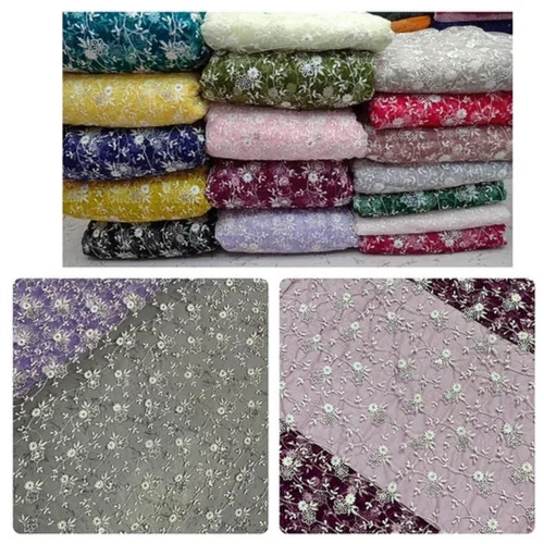 Net Lucknowi Embroidery Fabric - 44 Inch Width, Silver Color | Machined Embroidered, Universal Use, Elegant Pattern Design