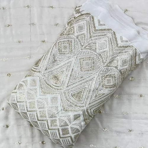 Galiter Sequence Daman Embroidered Georgette Fabric - 2.50 Mtr Cut, White Color, 57 Inch Width | Washable, Dry Clean Recommended, Perfect for Blouses, Dresses, Evening Gowns, and Saris