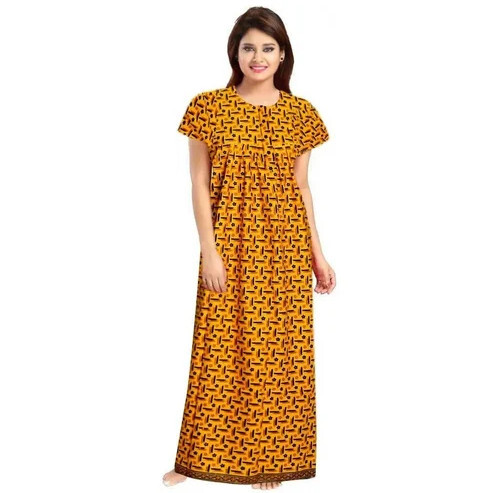 Cotton Nightgown - XL Size Yellow Printed Design | Soft Breathable Fabric Comfortable Fit Easy Care Elegant Prints