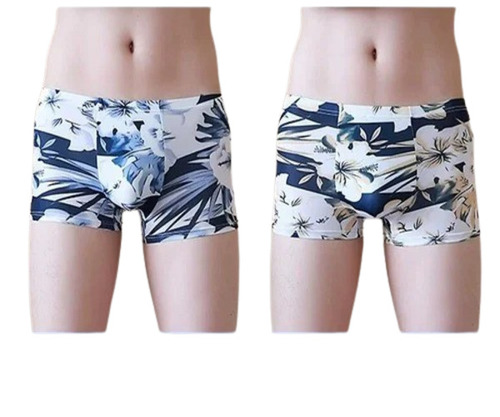Fancy Mens Briefs - Silk Fabric, Boxer Briefs Style, White and Blue Printed Design | Ideal for Daily Wear, Machine Washable, Comfortable Fit