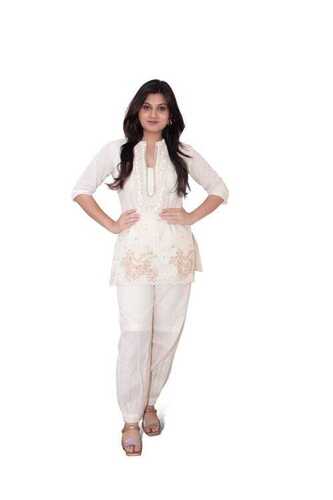 Ladies Designer Cotton Dress - Cotton Material, Customized Size, Ivory White | Modern Ethnic Style with Embroidered Pattern, Short Sleeves, Anti-Wrinkle Feature, Easy Care for All Seasons