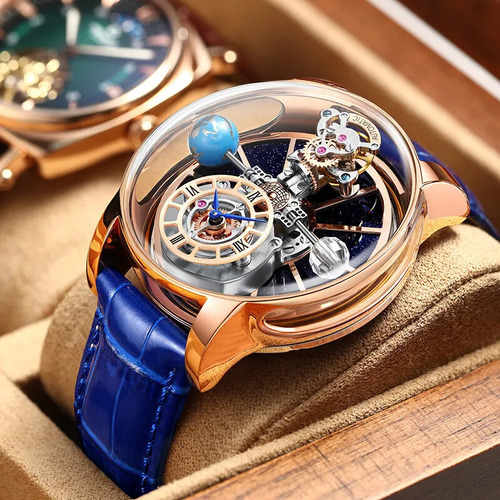 Mens Watches - Ceramic, Standard Size, Golden Color with Blue Band | Luxury Design, Durable Build, Fine Surface Finish, 1-Year Warranty