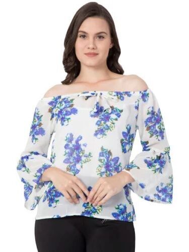 Round Neck Womens Top - Georgette Fabric, White and Blue | Breathable Material, Trendy Style, Versatile Wear, Lightweight, Easy Care, Elegant Look