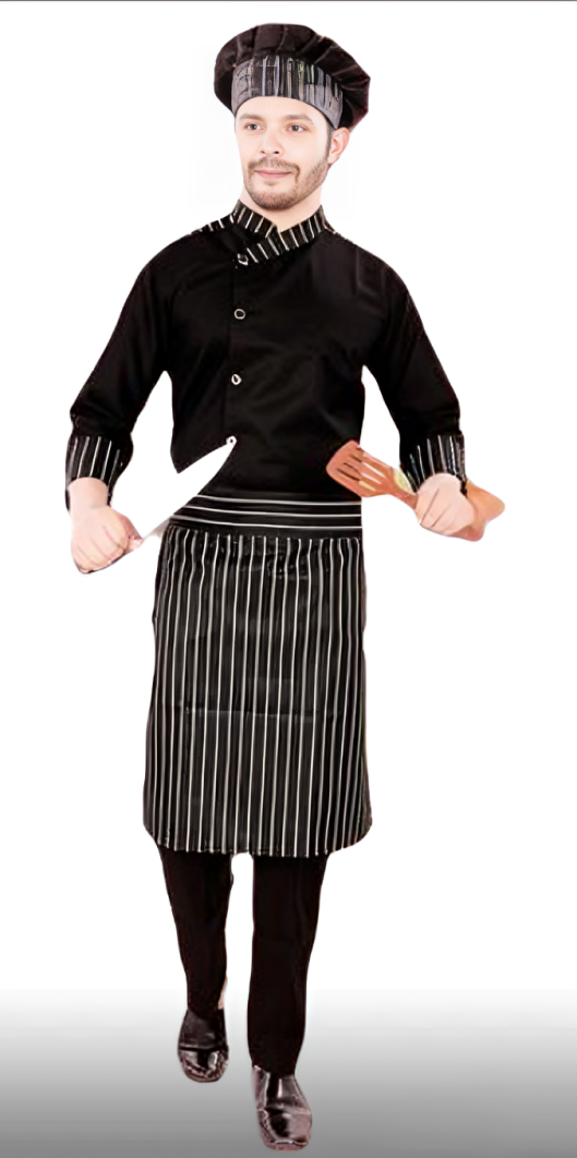 BLACK CHEF COAT ATTACH APRON WITH CAP