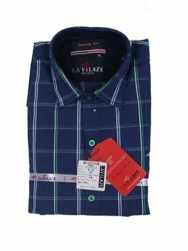 Men's Premium Cotton Check Shirt - Slim Fit, Dark Blue, Long Sleeves | Optimum Quality, Tailored Design, Breathable, UV Protection