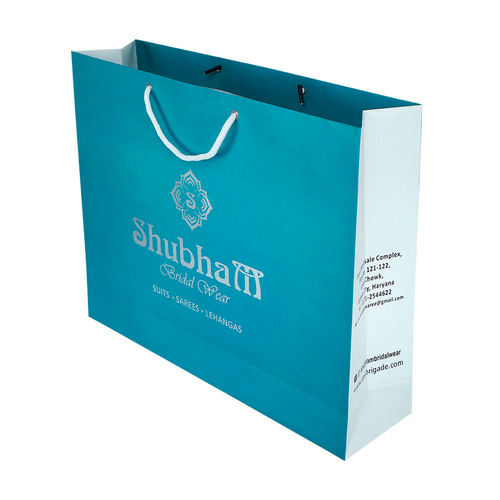 Printed Paper Bag - Kraft Paper, Customized Size, Attractive Blue Design | Light Weight, Moisture Proof, Flexiloop and Rope Handles, Max Load 5 Kilograms