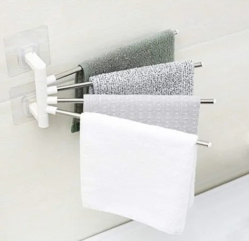 4 Bars Towel Rack - Stainless Steel + Plastic, Medium Size, White + Silver Color | Includes 4 Still Racks, 1 Handle, 2 Adhesive Pads