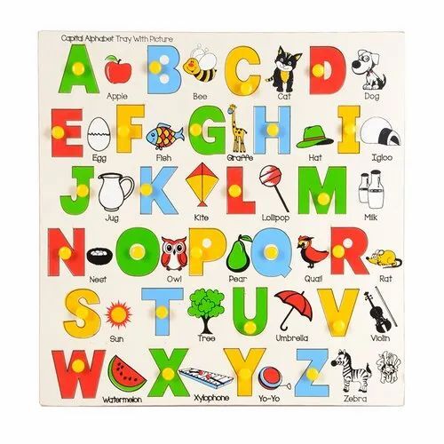 Capital Alphabet Tray - Wood Material, 300 x 300 x 8 mm Size, Premium Quality with 4 mm Thick Letters, Black Knob Puzzle Shape