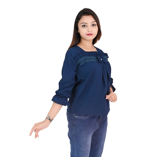 Ladies Tops - 3/4 Sleeve Regular Fit, Skin-Friendly Lightweight Blue Cotton Blend | Breathable, Fade Resistant, Wrinkle & Shrink Resistant