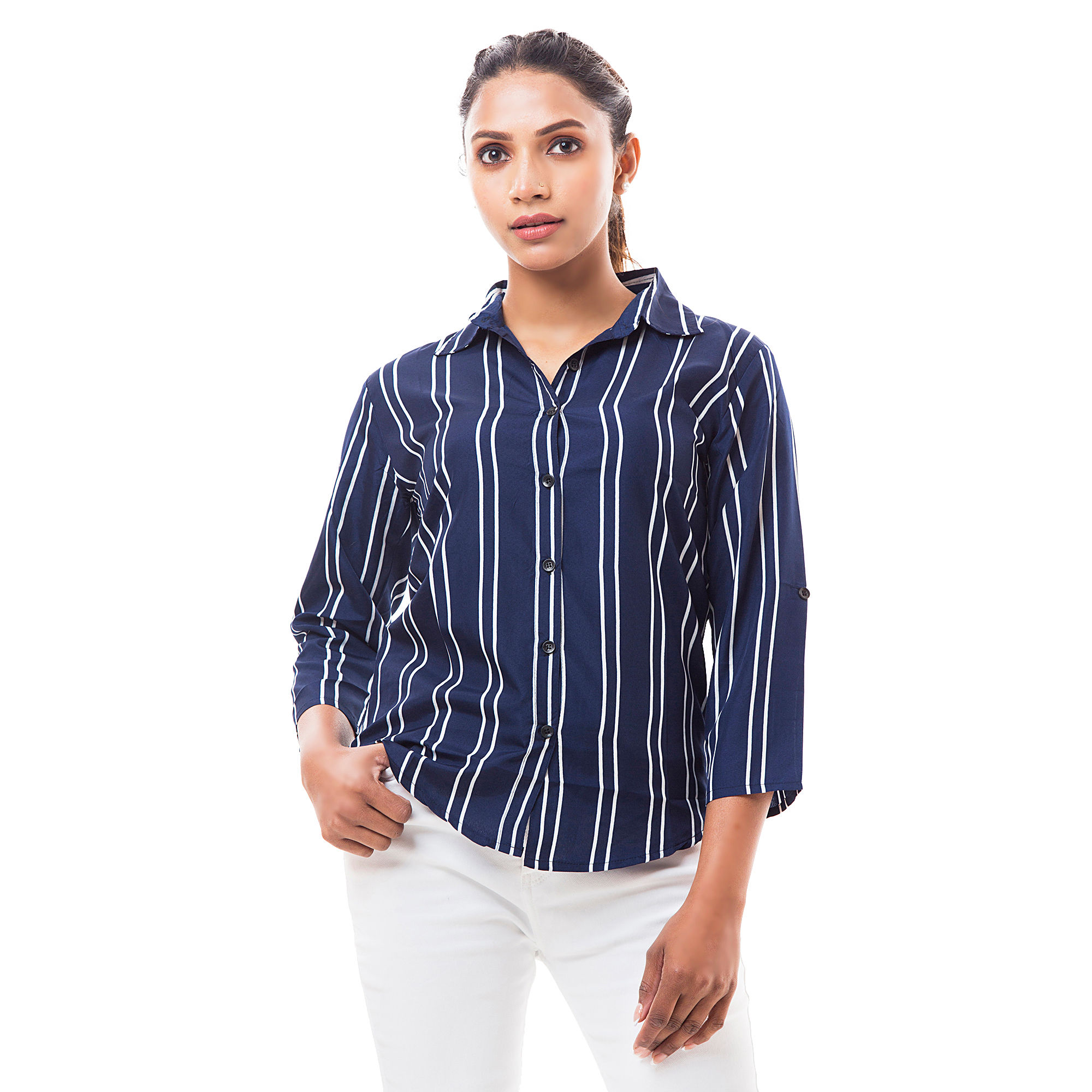 Womens Striped Spread Collar Casual Shirt