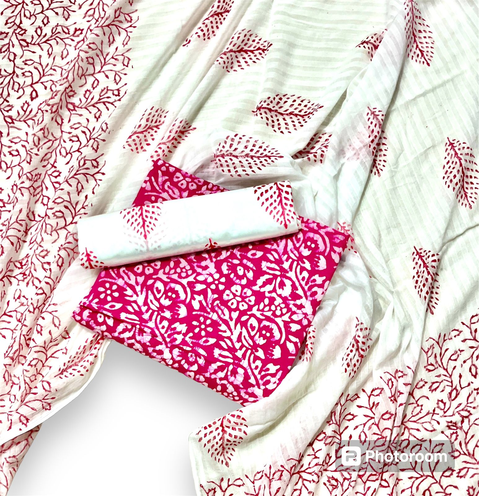 Wax Batik Hand Block Printed Cotton Unstiched Suits - 2.50 Meter Top, Bottom & Dupatta, White Color, Cotton Fabric, GSM 250-300, Hand Work