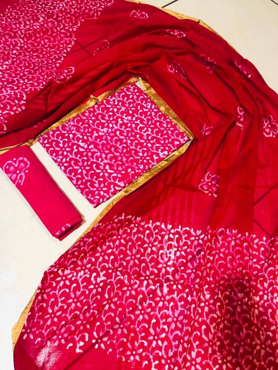 Wax Batik Salwar Unstitched Suit - Cotton Material 2.25m Top, Bottom, & Dupatta, Red Color with Zari Border Dupatta, Handwork Design