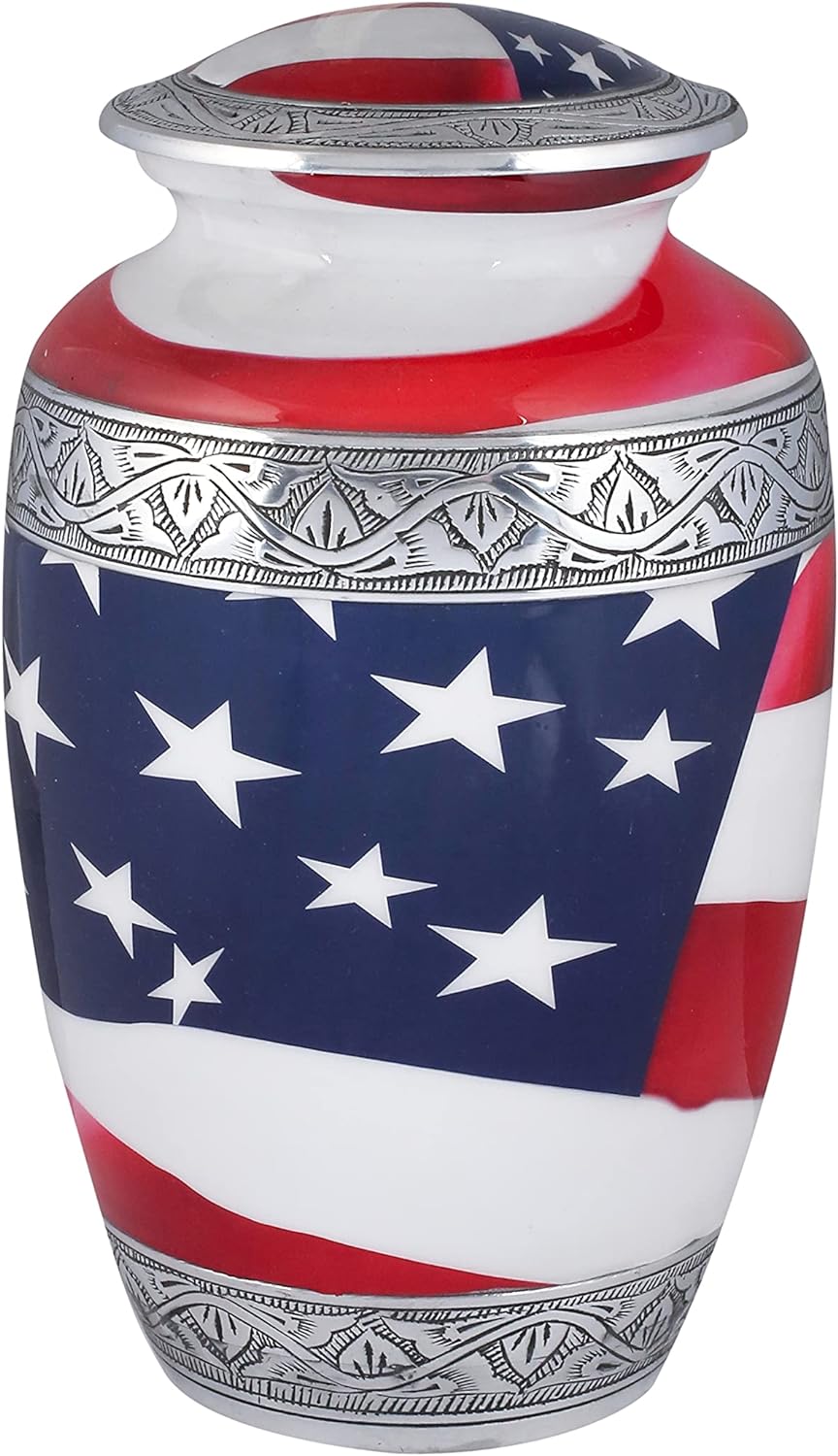 American Flag Adult Cremation Urn For Ashes - Finishing: Enamel