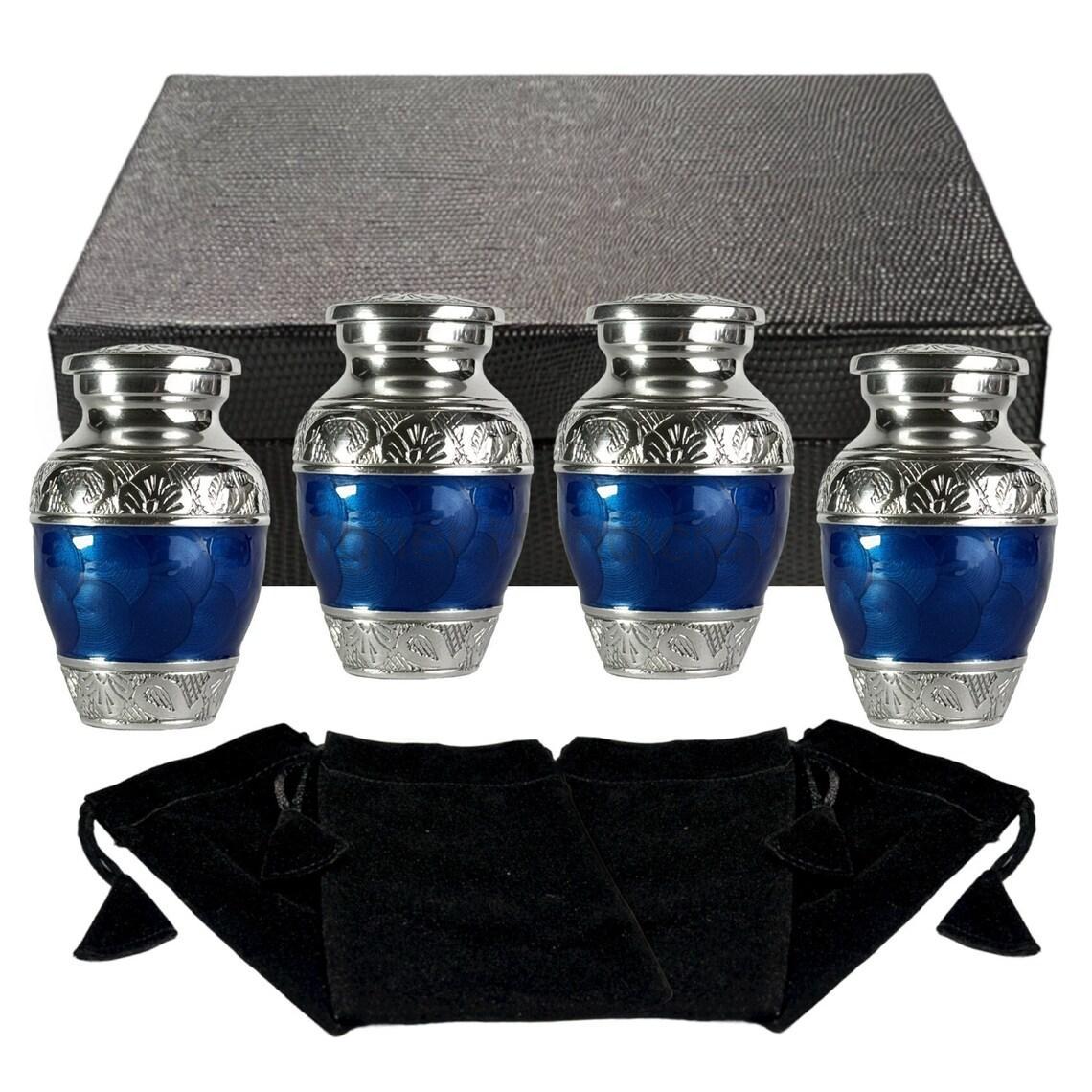 Blue and Silver Enameled Keepsake Urn Set of 4 with Box